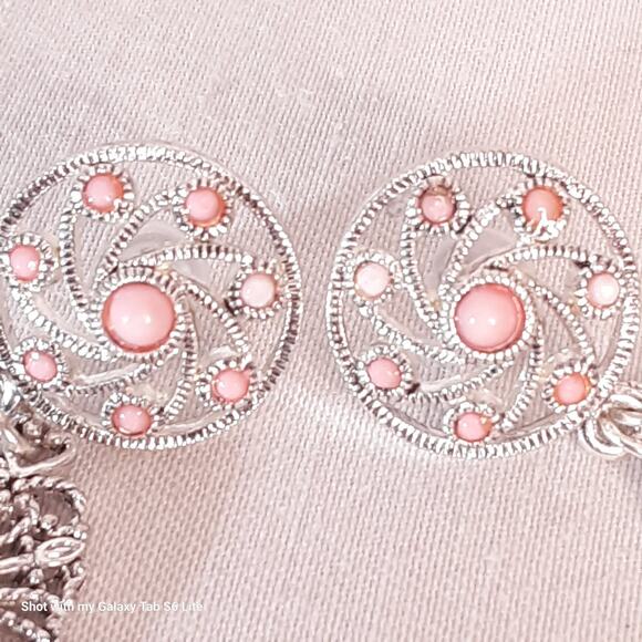 Silver Tone Filagree Dangle Drop Earrings Tiny Pink Stones - Picture 5 of 9